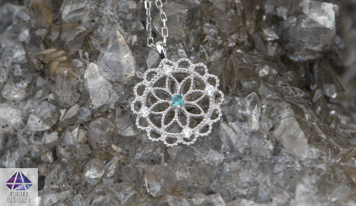 Paraiba Tourmaline and Diamond Pendant Necklace 18K White Gold Milgrain Edge April or AD2298