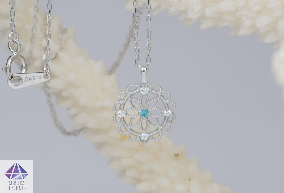 Paraiba Tourmaline and Diamond Pendant Necklace 18K White Gold Milgrain Edge April or AD2298