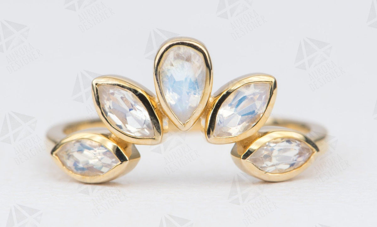 Pear Marquise Shape Rainbow Moonstone Ring 14K Gold Bezel Set Unique Wedding Band Sunburst AD1448