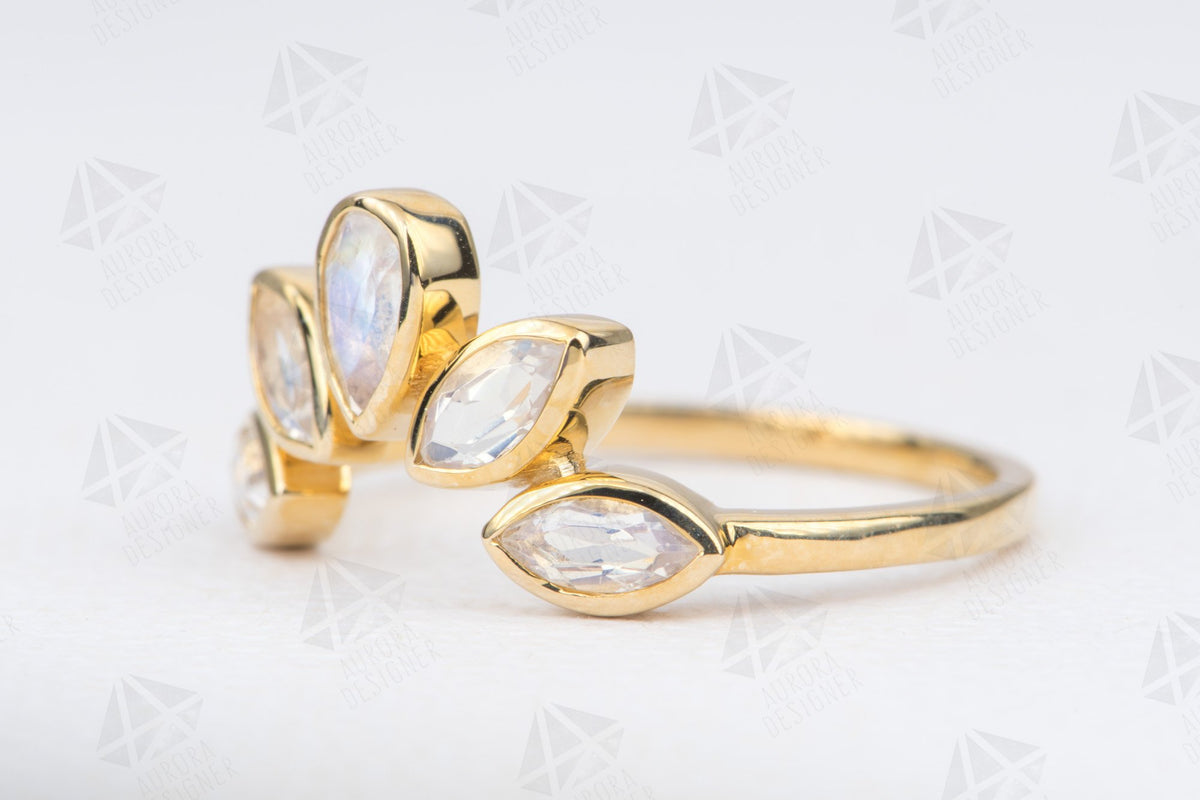 Pear Marquise Shape Rainbow Moonstone Ring 14K Gold Bezel Set Unique Wedding Band Sunburst AD1448