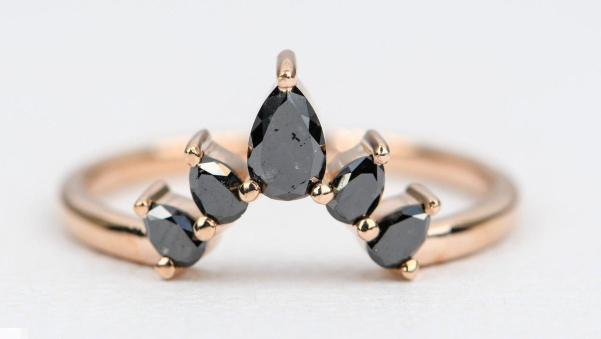Pear Shape Black Diamond 14K Gold Wedding Band Curve Crown Tiara Unique Ring Guard AD1456B