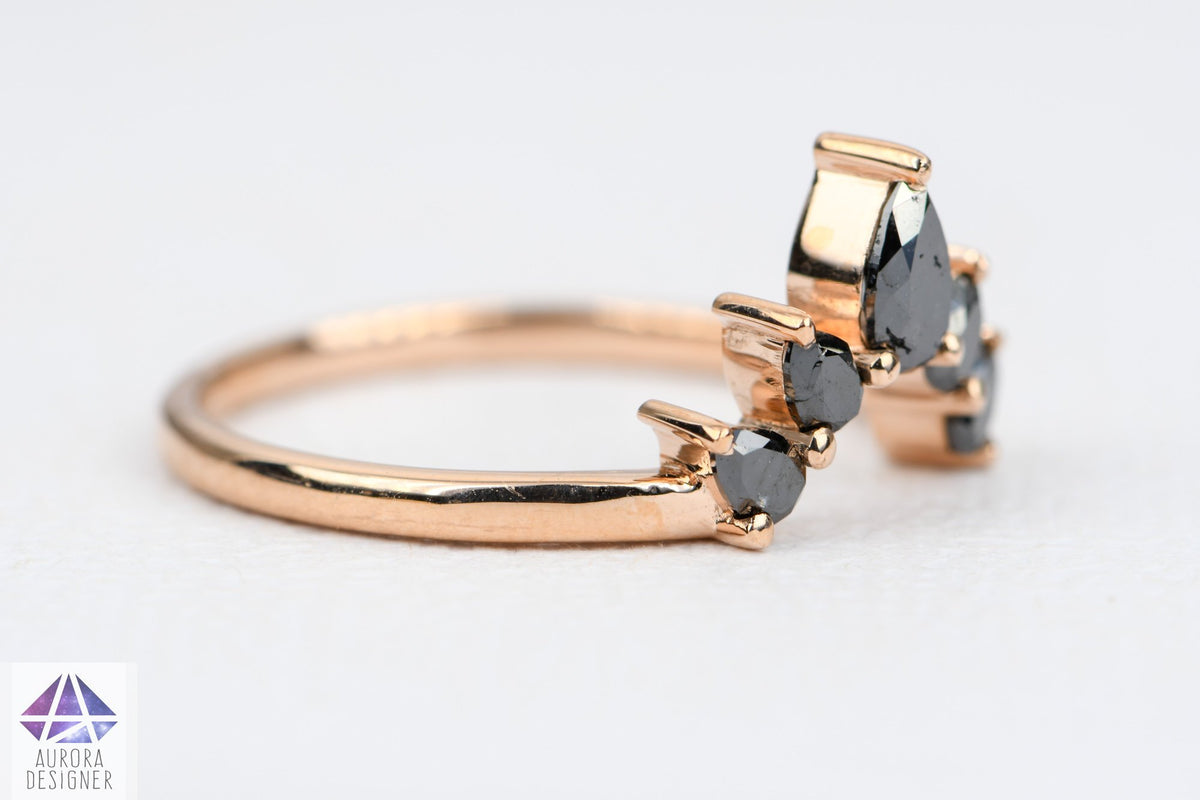 Pear Shape Black Diamond 14K Gold Wedding Band Curve Crown Tiara Unique Ring Guard AD1456B