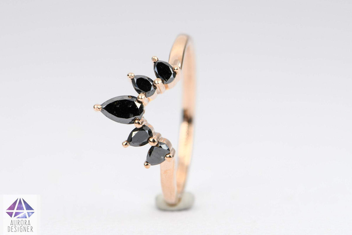 Pear Shape Black Diamond 14K Gold Wedding Band Curve Crown Tiara Unique Ring Guard AD1456B
