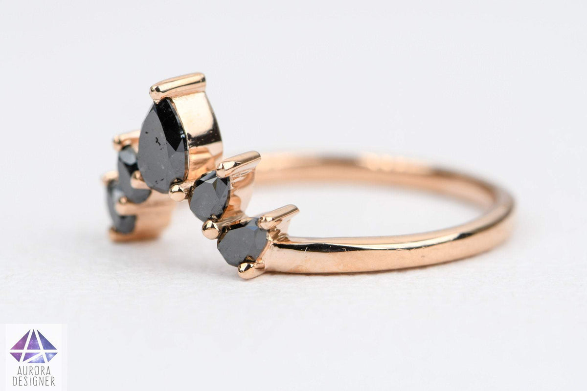 Pear Shape Black Diamond 14K Gold Wedding Band Curve Crown Tiara Unique Ring Guard AD1456B