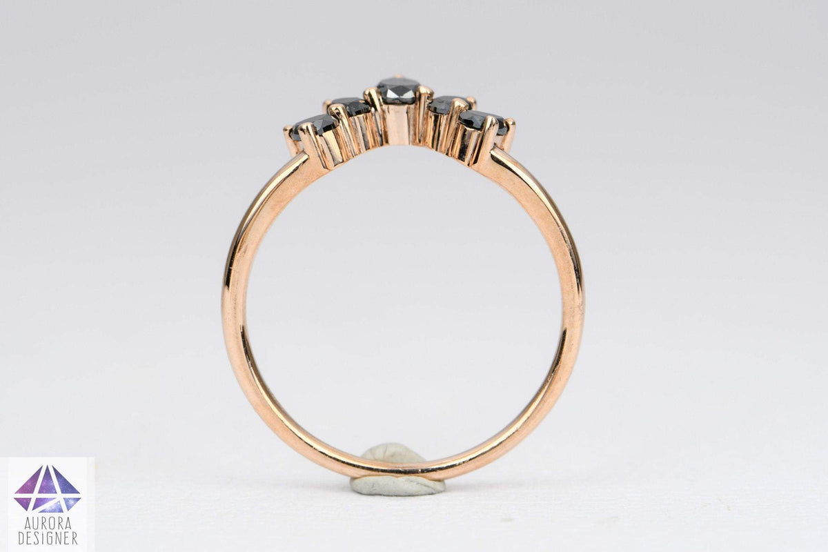 Pear Shape Black Diamond 14K Gold Wedding Band Curve Crown Tiara Unique Ring Guard AD1456B