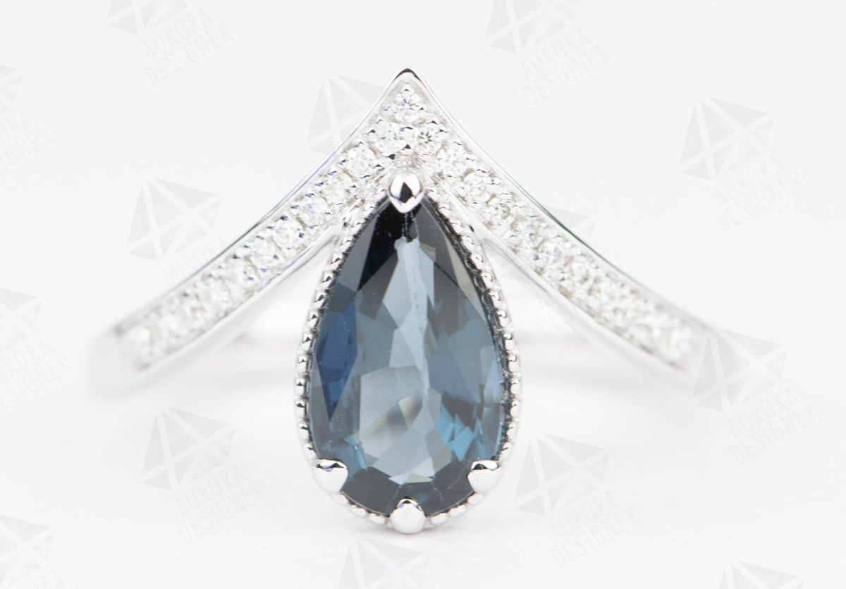 Pear Shape Blue Spinel Unique Engagement Ring 14K White Gold Milgrain Edge Vintage AD2192