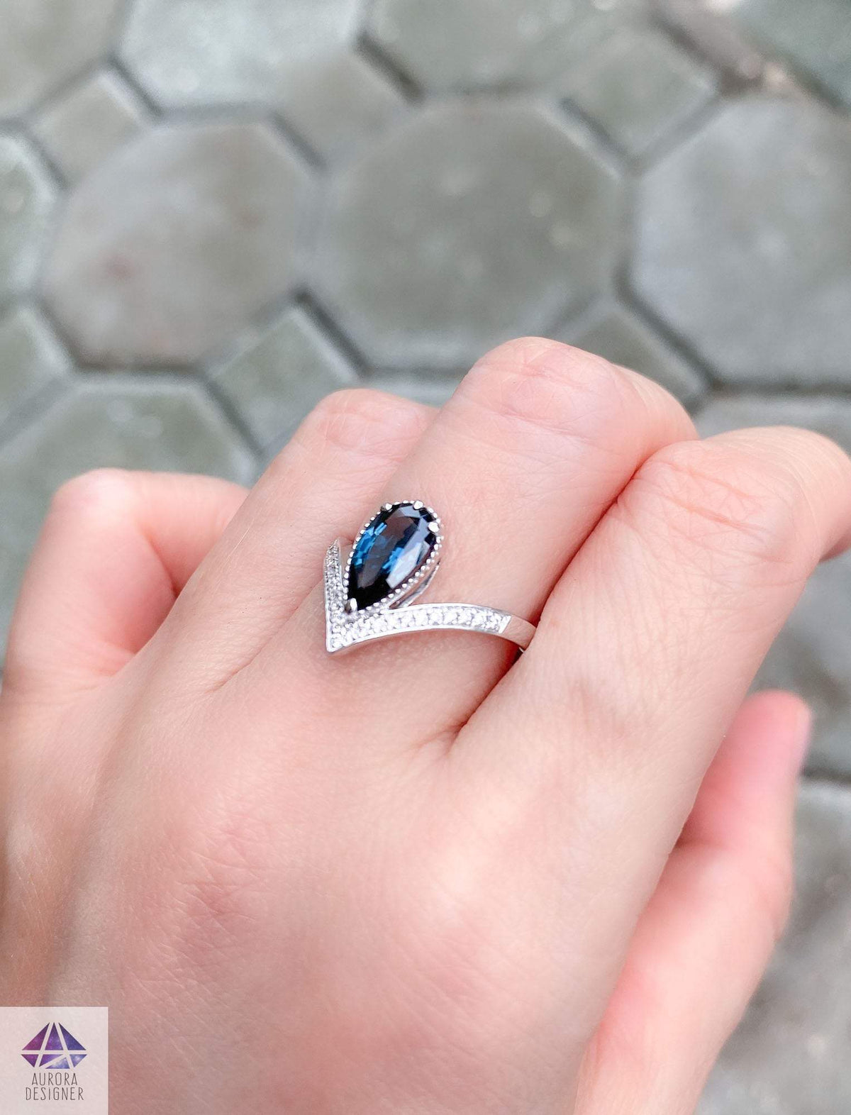 Pear Shape Blue Spinel Unique Engagement Ring 14K White Gold Milgrain Edge Vintage AD2192