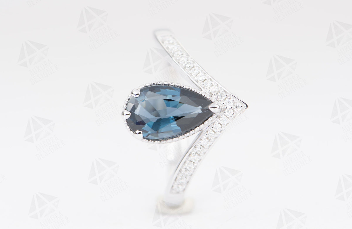 Pear Shape Blue Spinel Unique Engagement Ring 14K White Gold Milgrain Edge Vintage AD2192