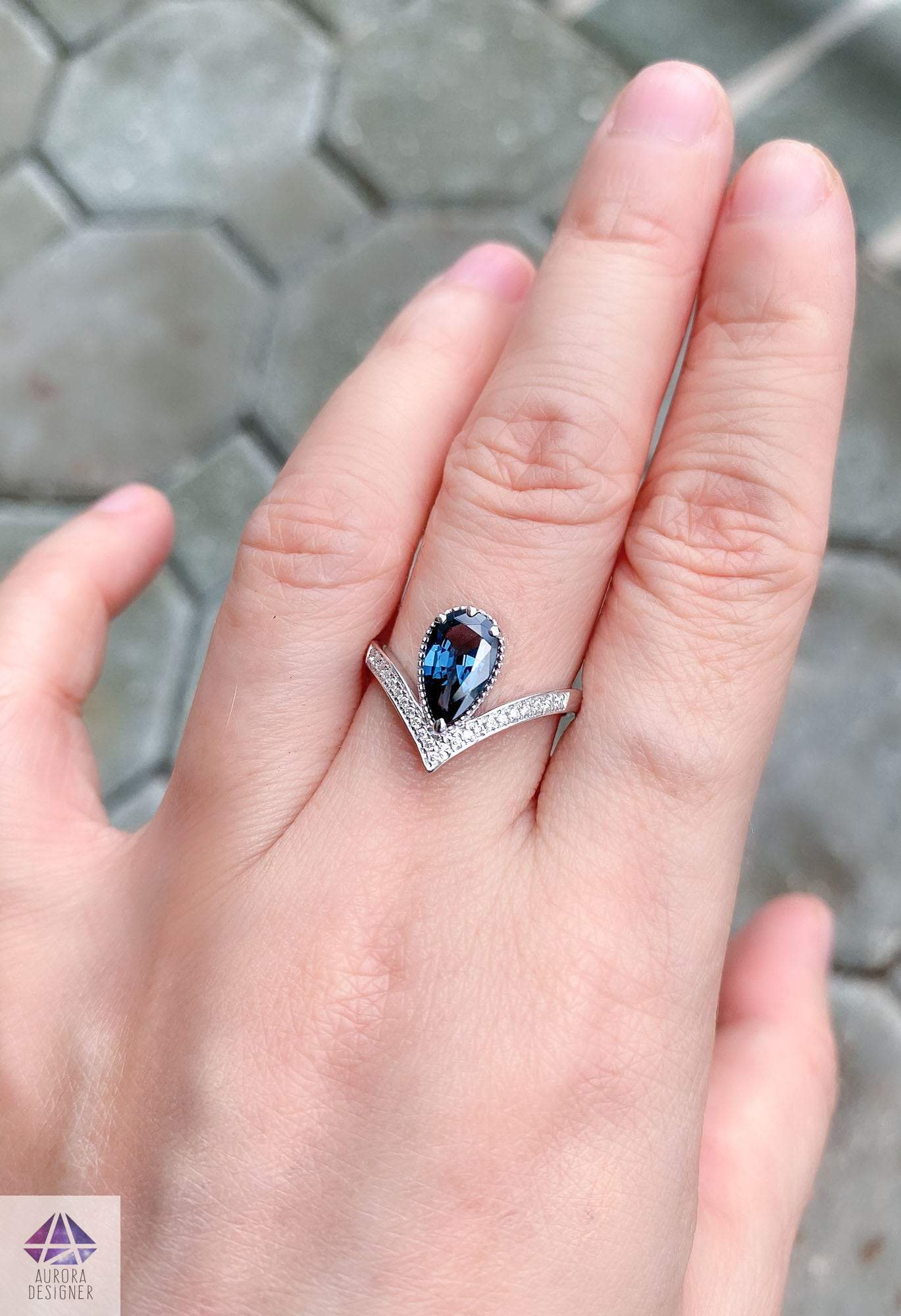 Aurora Designer Pear Shape Blue Spinel Unique Engagement Ring