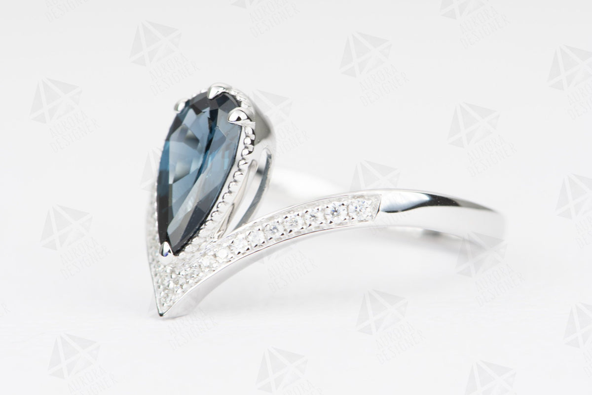 Pear Shape Blue Spinel Unique Engagement Ring 14K White Gold Milgrain Edge Vintage AD2192