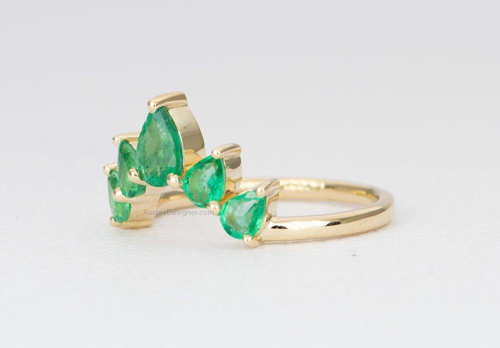 Pear Shape Emerald Ring 14K Gold Unique Wedding Band Curve Crown Tiara Ring Guard AD1456E