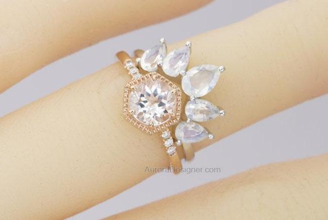 Pear Shape Faceted Rainbow Moonstone Crown Ring 14K Gold Unique Wedding Band AD1456M