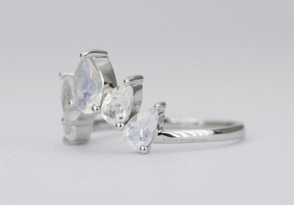 Pear Shape Faceted Rainbow Moonstone Crown Ring 14K Gold Unique Wedding Band AD1456M