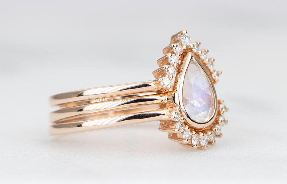 Pear Shape Rainbow Moonstone 14K Gold Engagement Ring Set with Two Diamond Nesting Wedding AD1587