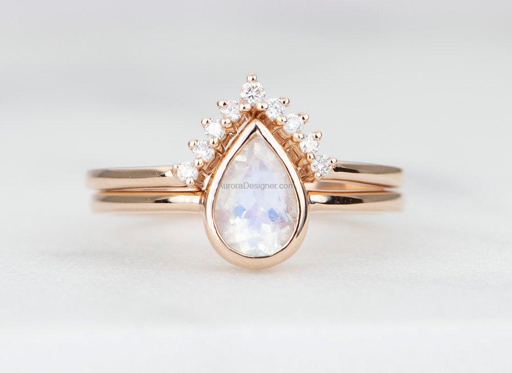 Pear Shape Rainbow Moonstone 14K Gold Engagement Ring Set with Two Diamond Nesting Wedding AD1587