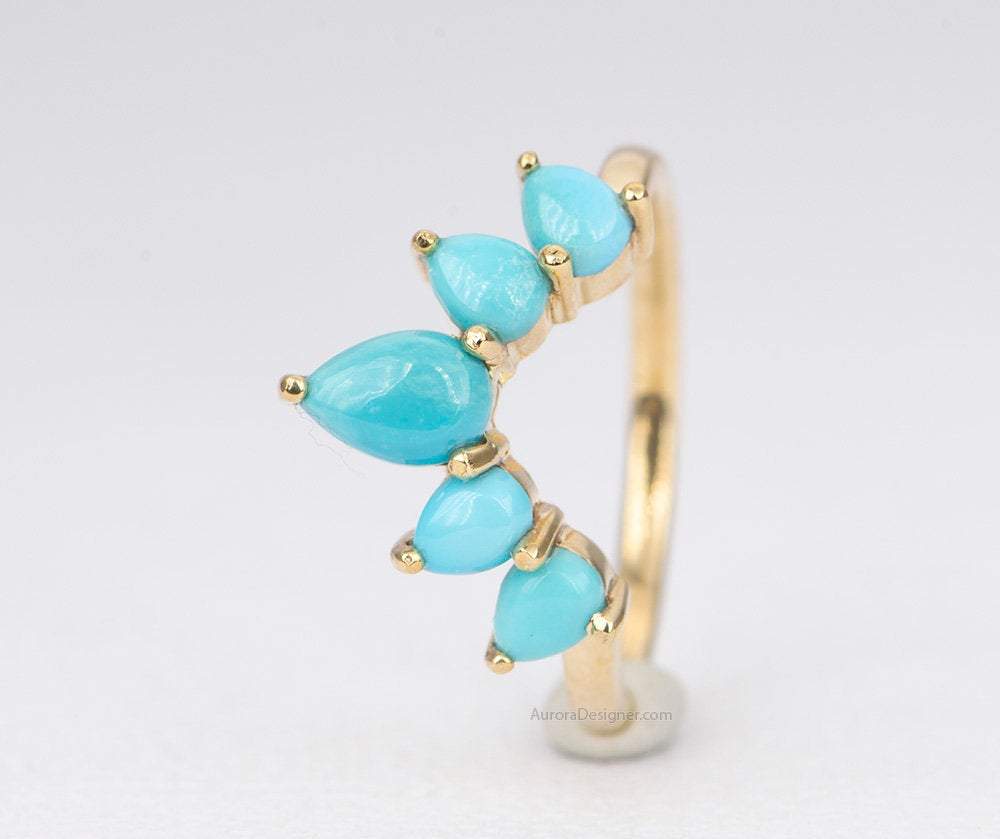 Pear Shape Turquoise 14K Gold Wedding Band Unique Curve Crown Ring December Birthstone AD1456T