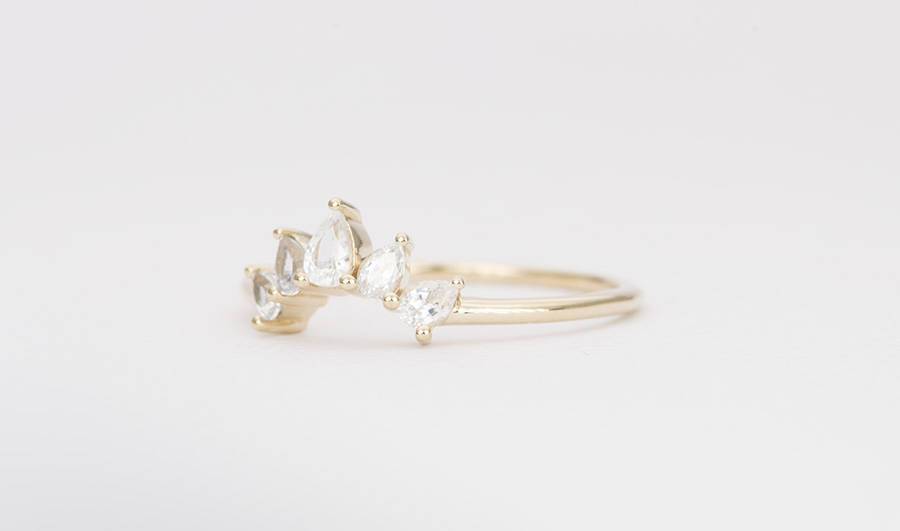 Pear Shape White Sapphire Curved Crown Ring 14K Gold Unique Wedding Band AD1396