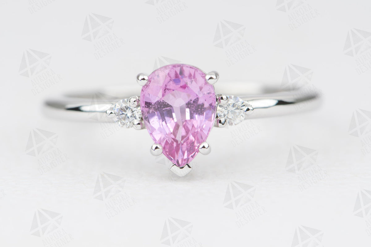 Pink Sapphire Trio Ring 14K White Gold Engagement Ring Moissanite Sides Pear Shape Bubble AD1801-9