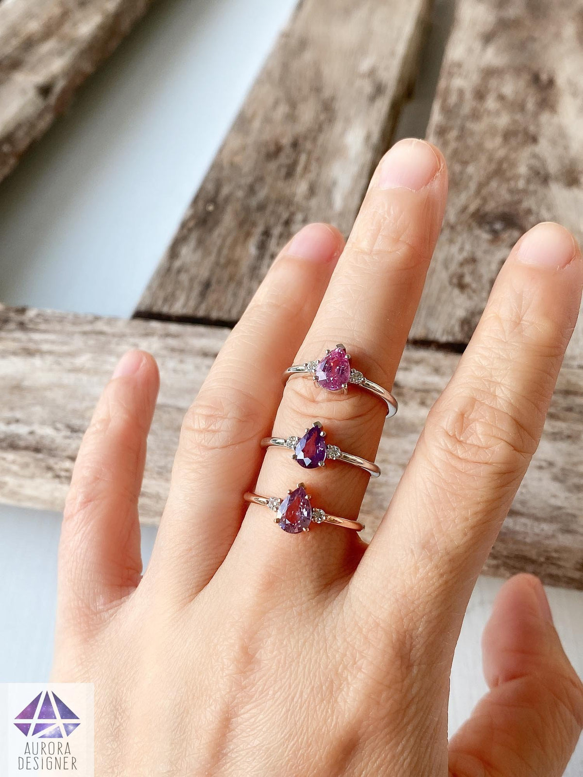 Pink Sapphire Trio Ring 14K White Gold Engagement Ring Moissanite Sides Pear Shape Bubble AD1801-9