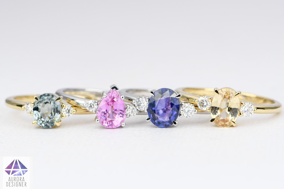 Pink Sapphire Trio Ring 14K White Gold Engagement Ring Moissanite Sides Pear Shape Bubble AD1801-9