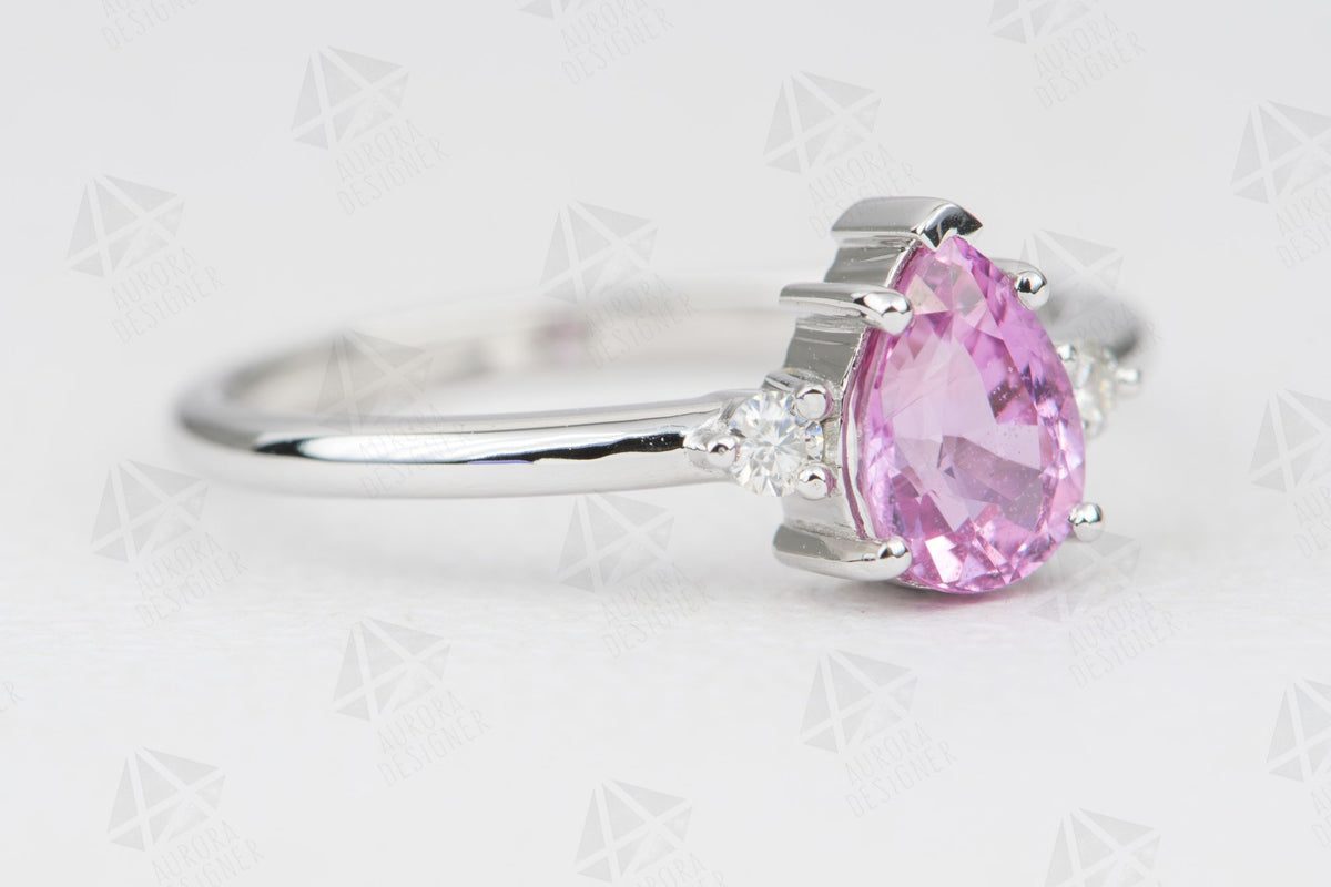 Pink Sapphire Trio Ring 14K White Gold Engagement Ring Moissanite Sides Pear Shape Bubble AD1801-9