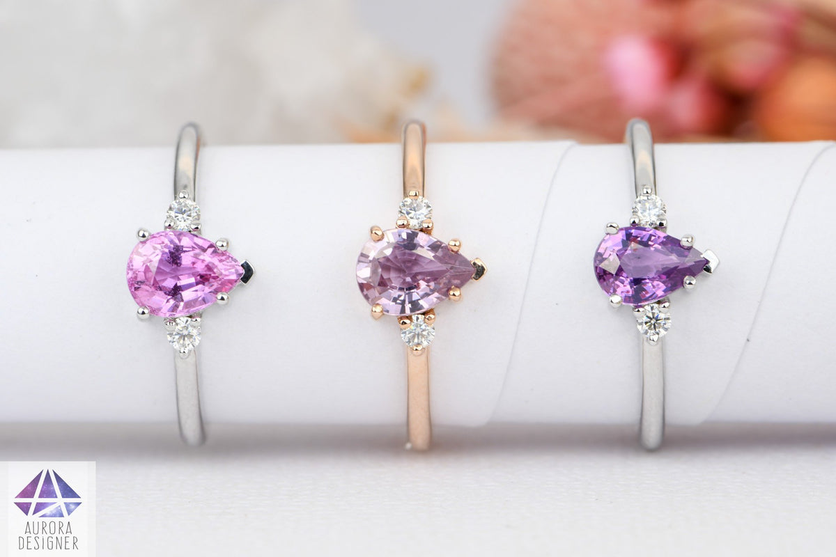 Pink Sapphire Trio Ring 14K White Gold Engagement Ring Moissanite Sides Pear Shape Bubble AD1801-9