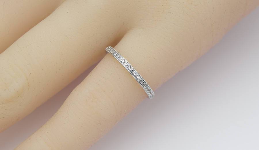 Platinum Diamond Ring PT950 Hand Milgrain Bead Setting Unique Wedding Band Half Eternity AD1281P