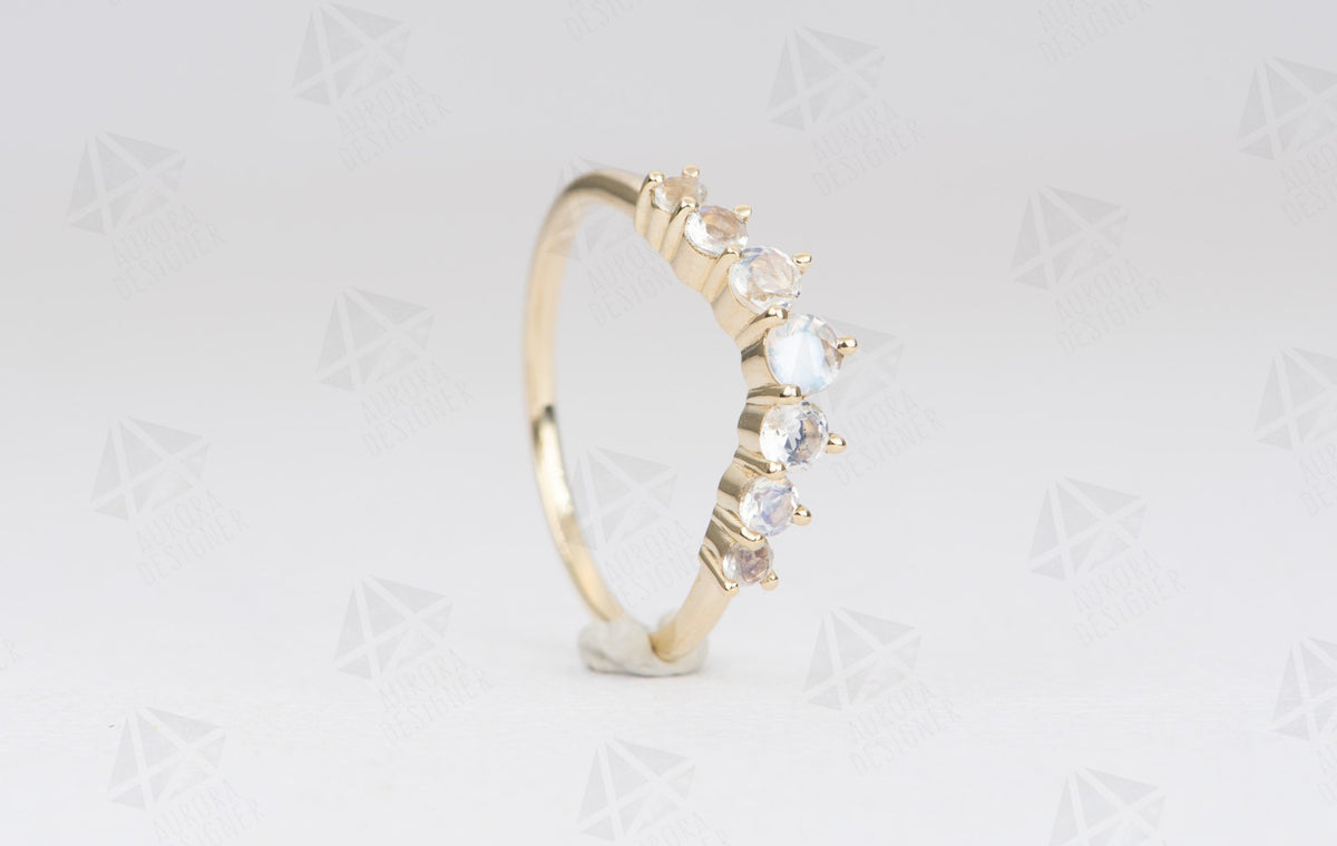 Rainbow Moonstone 14K Gold Wedding Band Curve Crown Tiara Ring Stacking Rings Stackable AD1942M