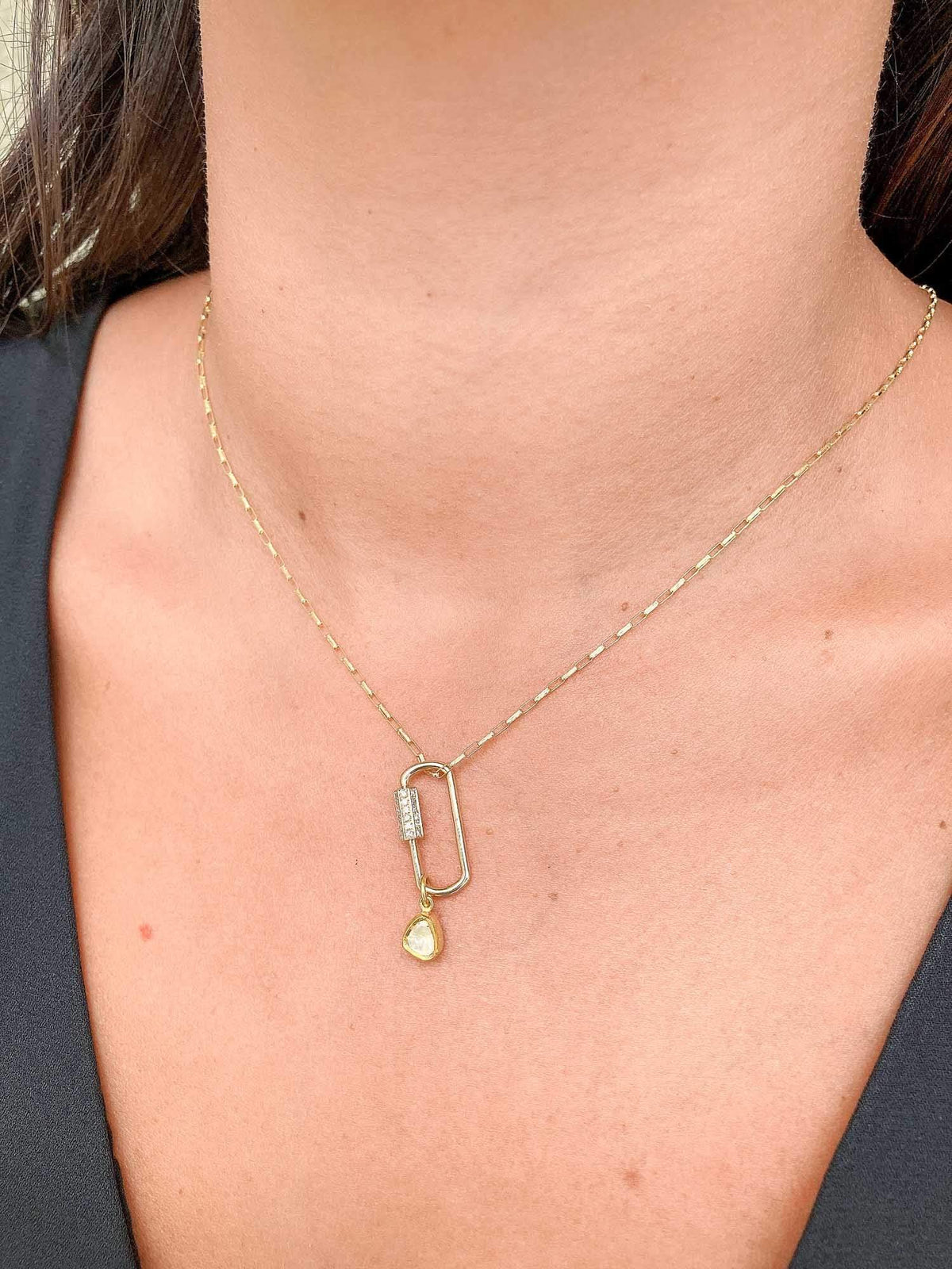 Rectangle Oval Carabiner Diamond Pave Pendant Enhancer 14K Gold Necklace Charm Bail Chain AD2185D