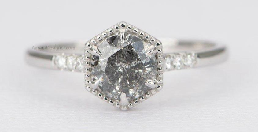 Ring Style - Hexagon Shape Setting for Regular Cut or Rose Cut Center Stone, Diamond Pave Shank AD1462C