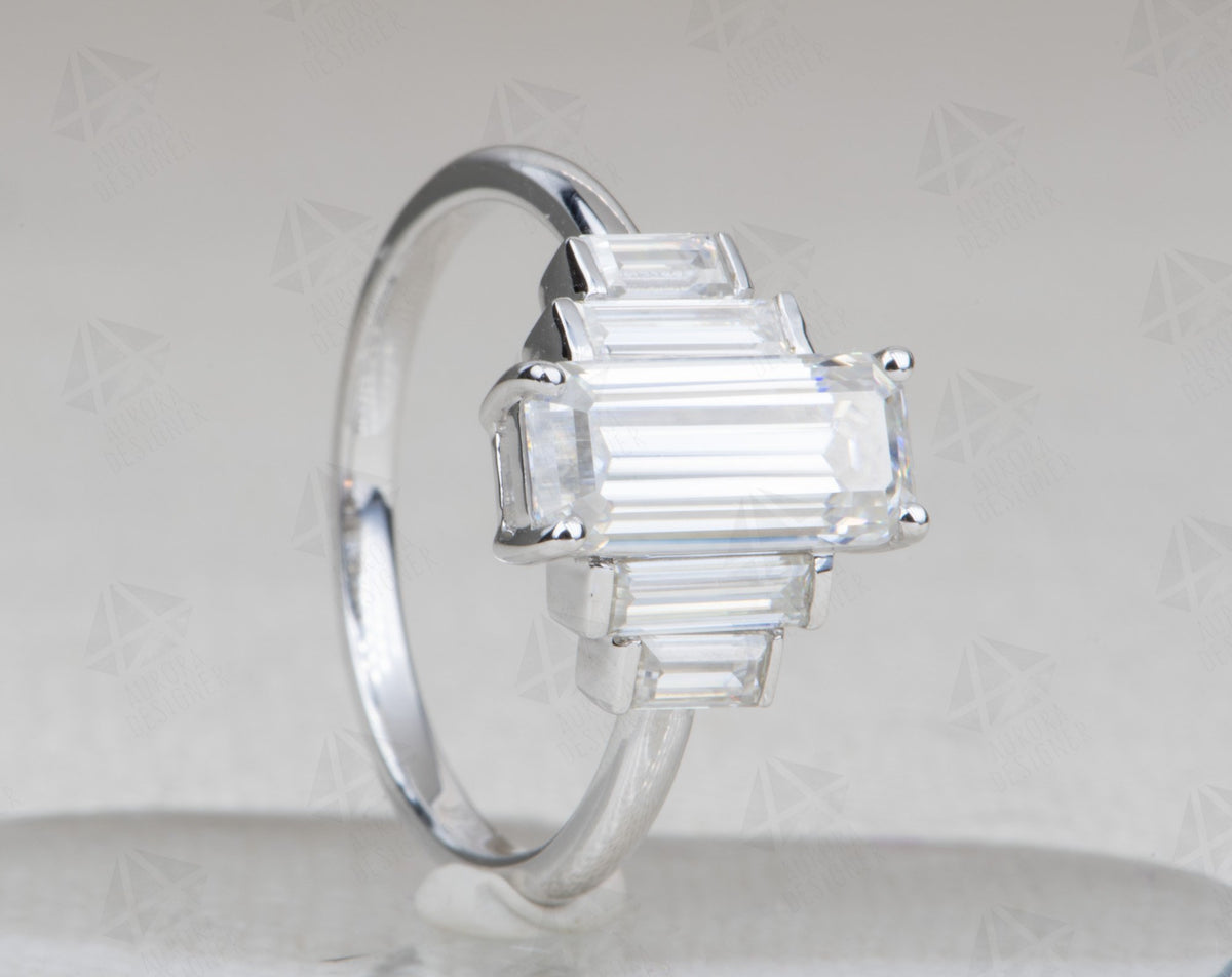 Ring Style - Rectangle/Square Shape Center Stone with Baguette Moissanite Sides AD2062C