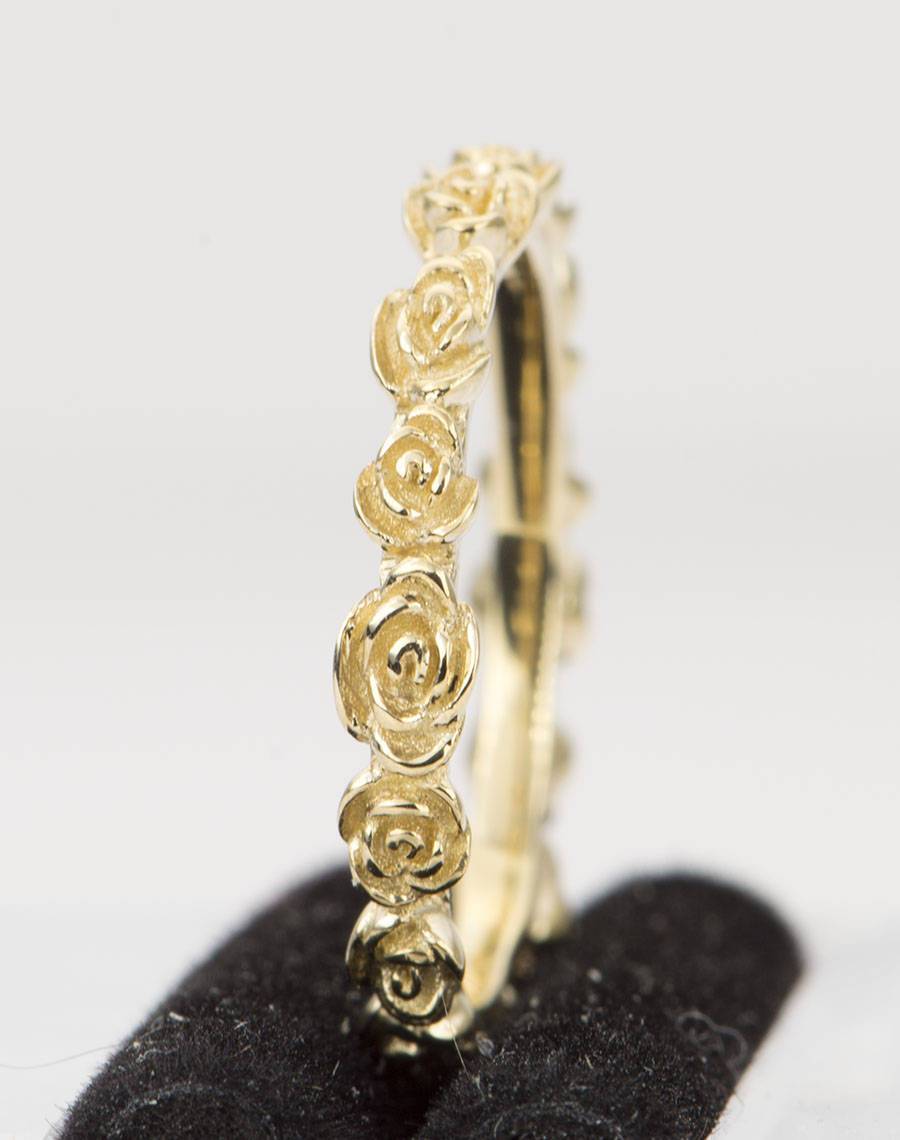 Rose 14K Gold Ring Unique Wedding Band Flower Floral Full Eternity Stacking Rings Stackable AD1501