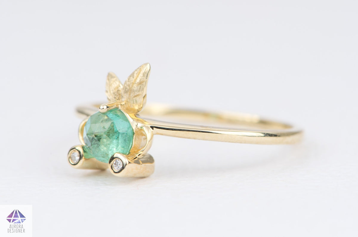 Rose Cut Emerald and Diamond 14K Yellow Gold Fish Ring Gift For Her Anniversary Gift May AD2193