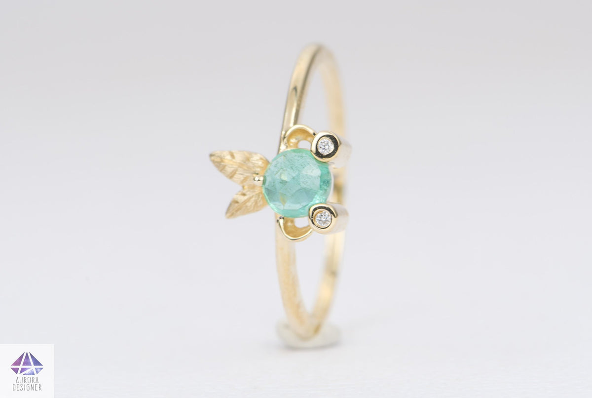 Rose Cut Emerald and Diamond 14K Yellow Gold Fish Ring Gift For Her Anniversary Gift May AD2193