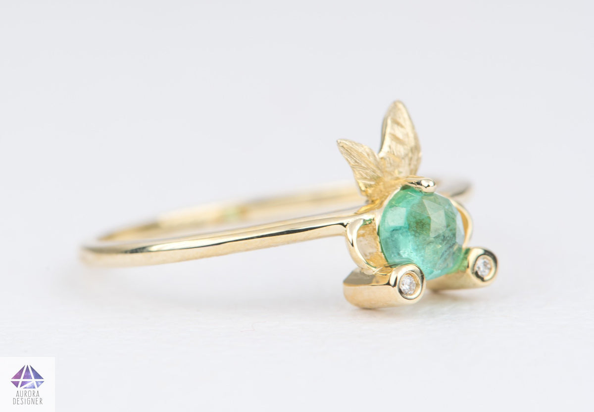 Rose Cut Emerald and Diamond 14K Yellow Gold Fish Ring Gift For Her Anniversary Gift May AD2193
