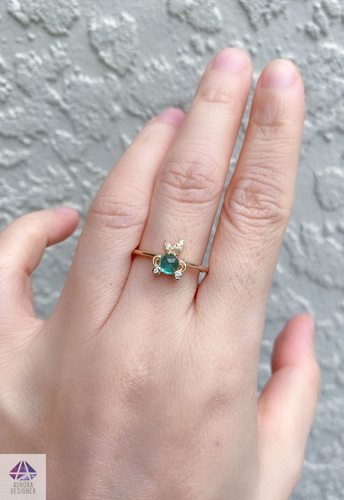 Rose Cut Emerald and Diamond 14K Yellow Gold Fish Ring Gift For Her Anniversary Gift May AD2193