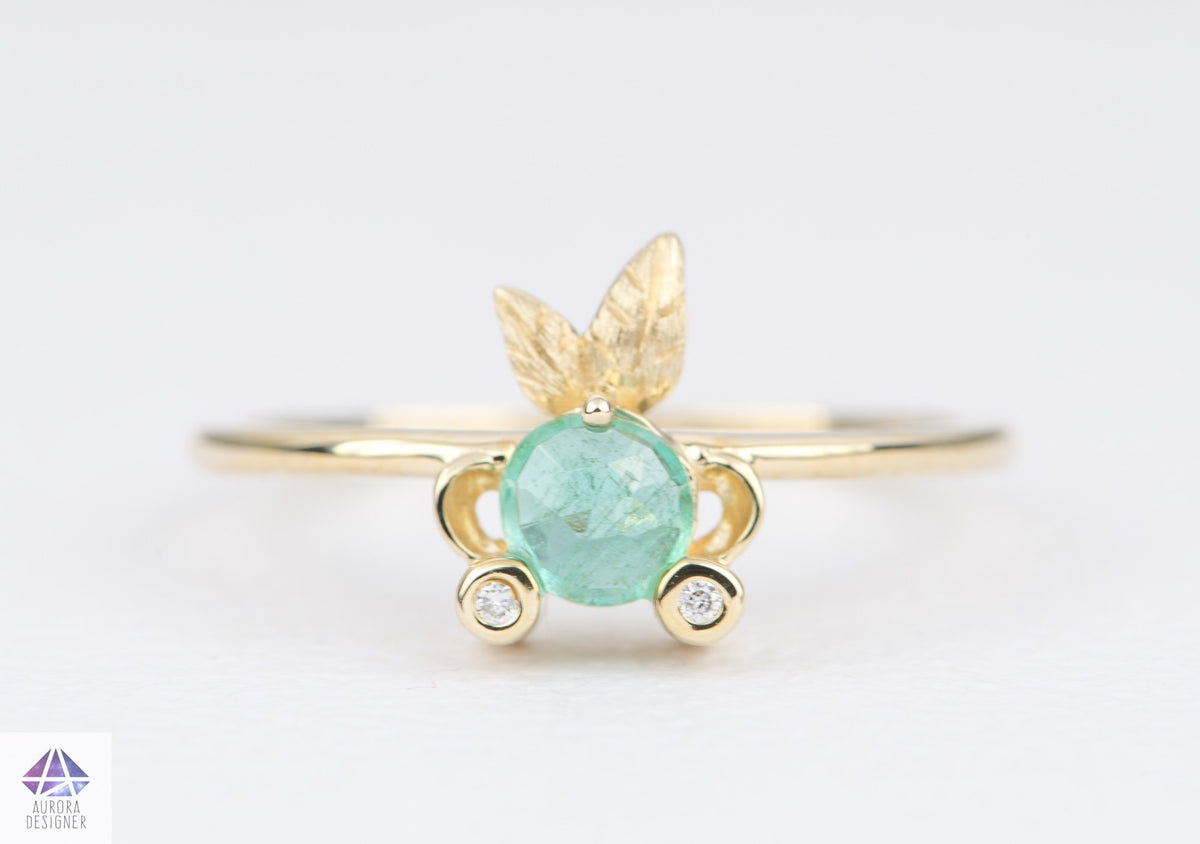 Rose Cut Emerald and Diamond 14K Yellow Gold Fish Ring Gift For Her Anniversary Gift May AD2193