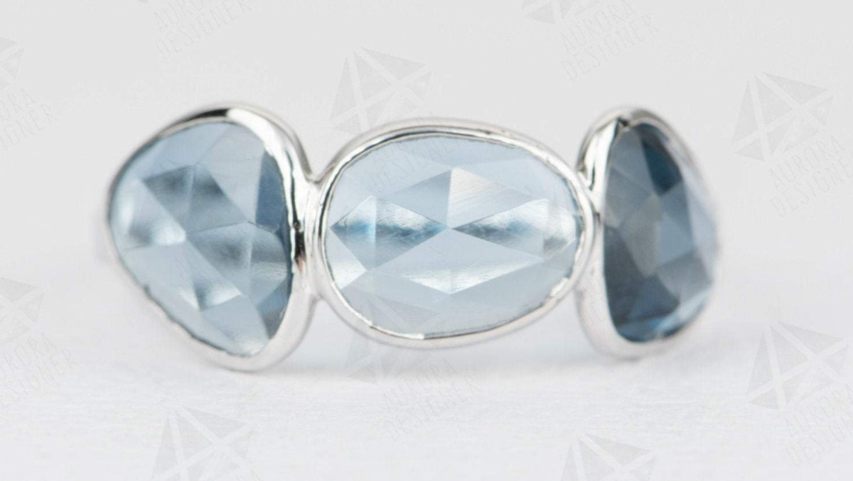 Rose Cut London Blue Topaz Ring 14K White Gold Half Eternity Wedding Band Bezel Set Unique AD1671L