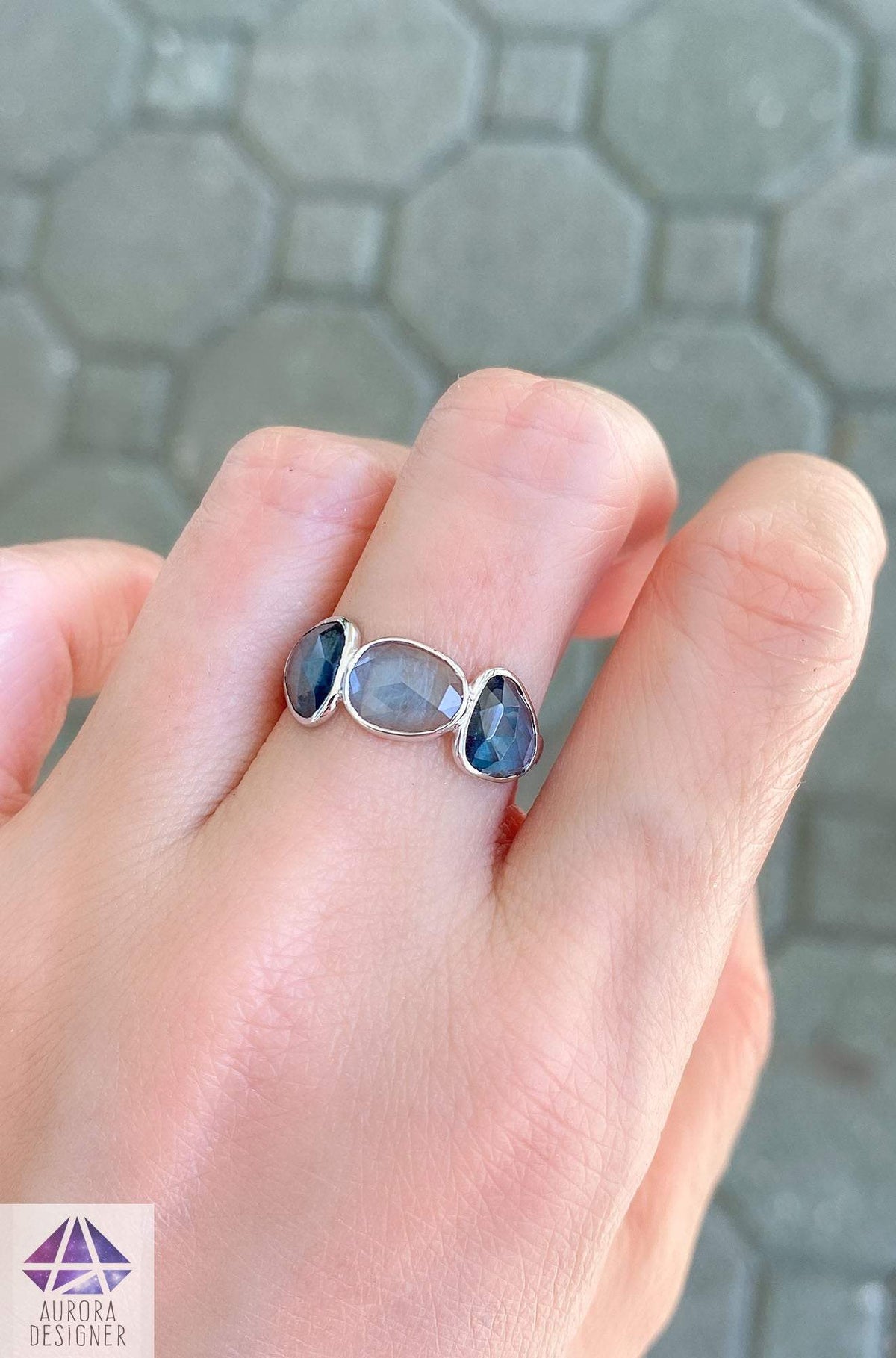 Rose Cut London Blue Topaz Ring 14K White Gold Half Eternity Wedding Band Bezel Set Unique AD1671L