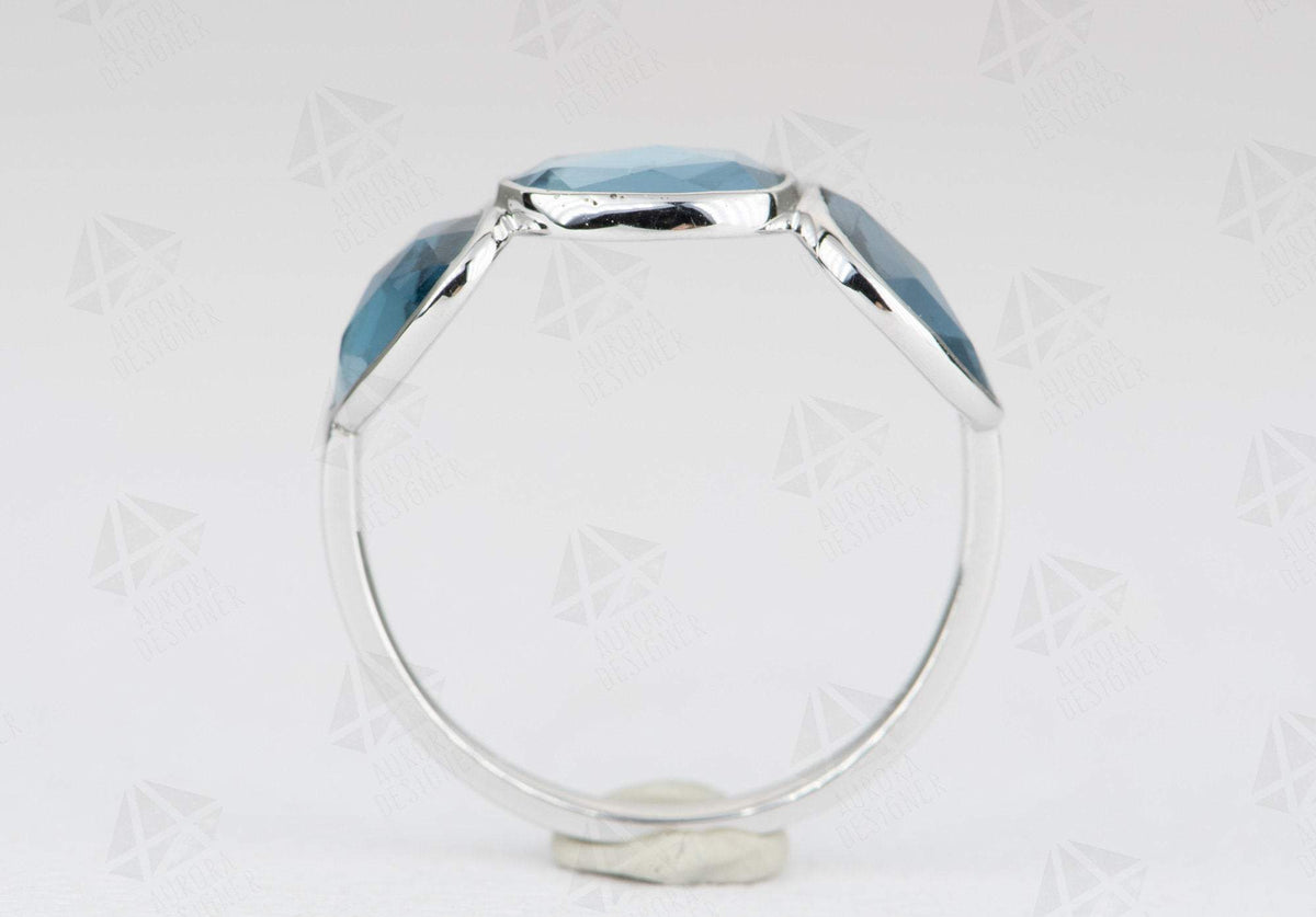 Rose Cut London Blue Topaz Ring 14K White Gold Half Eternity Wedding Band Bezel Set Unique AD1671L