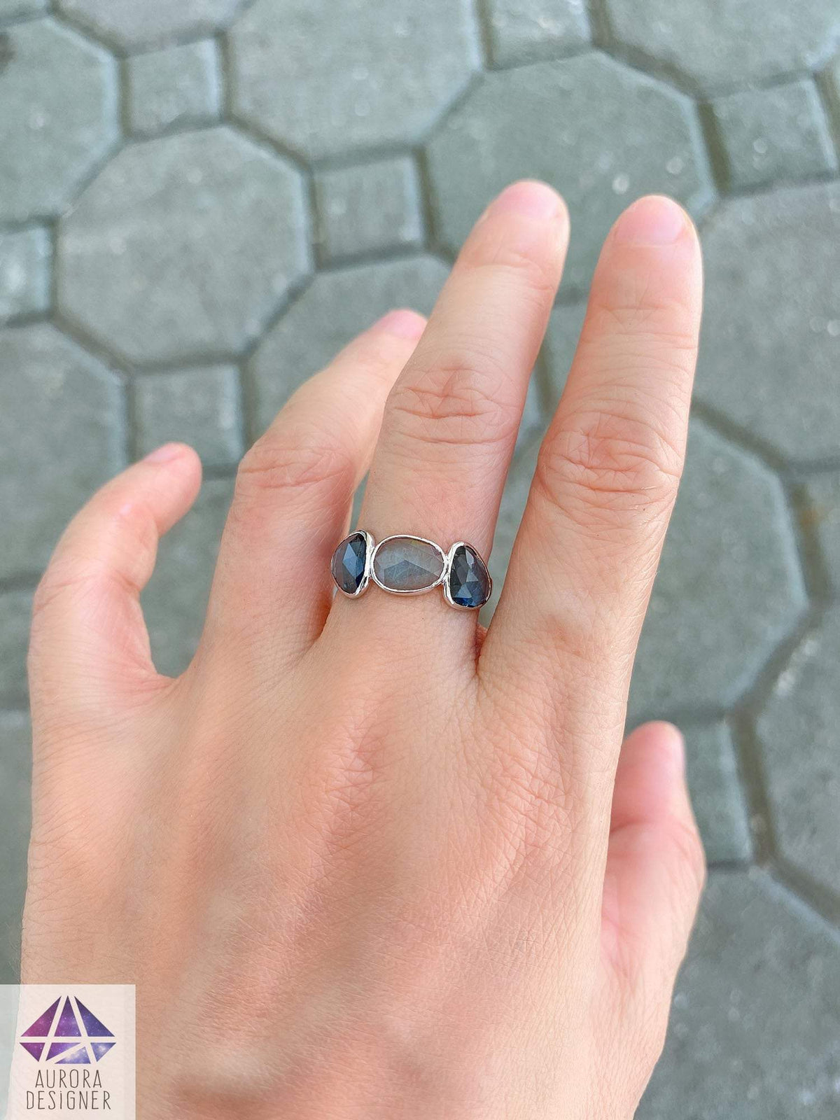 Rose Cut London Blue Topaz Ring 14K White Gold Half Eternity Wedding Band Bezel Set Unique AD1671L