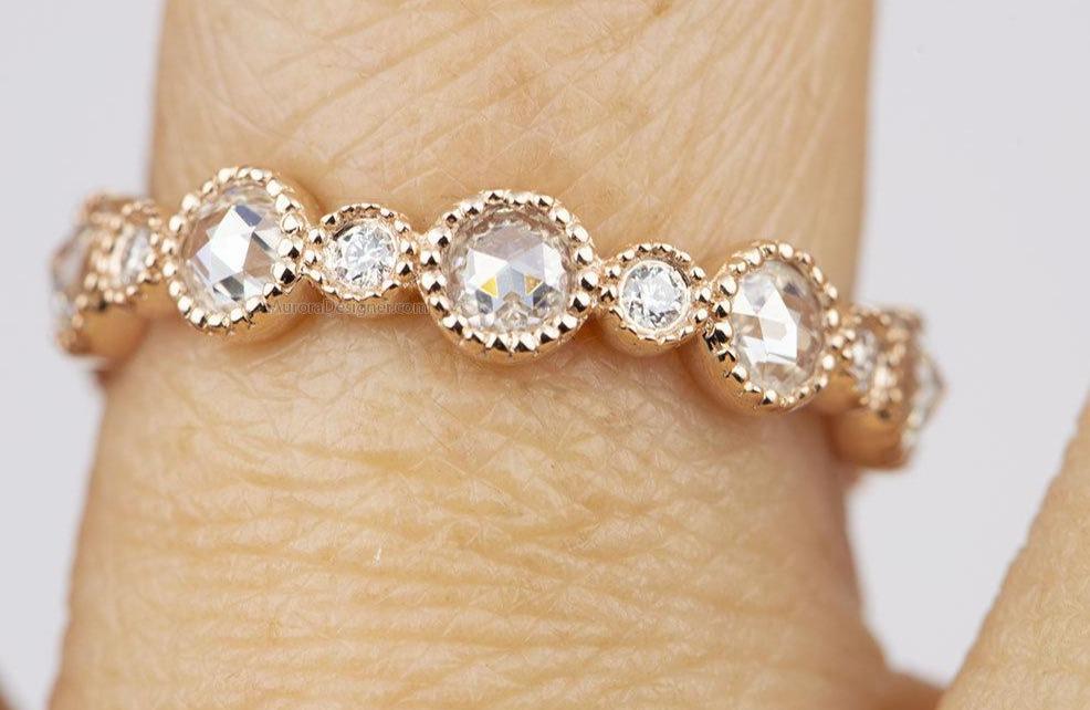 Rosecut and Brilliant Cut Moissanite Ring 14k Gold Full Half Eternity Wedding Band AD1780