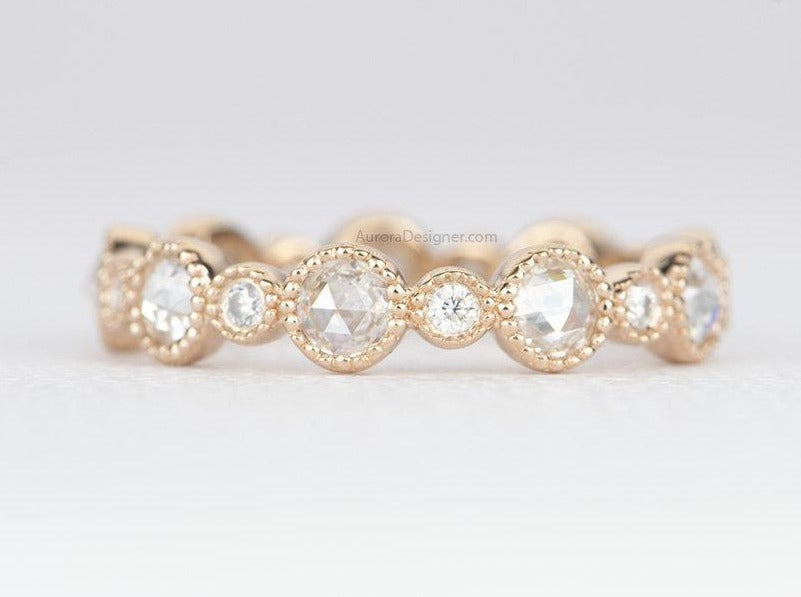 Rosecut and Brilliant Cut Moissanite Ring 14k Gold Full Half Eternity Wedding Band AD1780