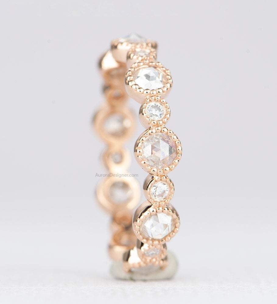Rosecut and Brilliant Cut Moissanite Ring 14k Gold Full Half Eternity Wedding Band AD1780
