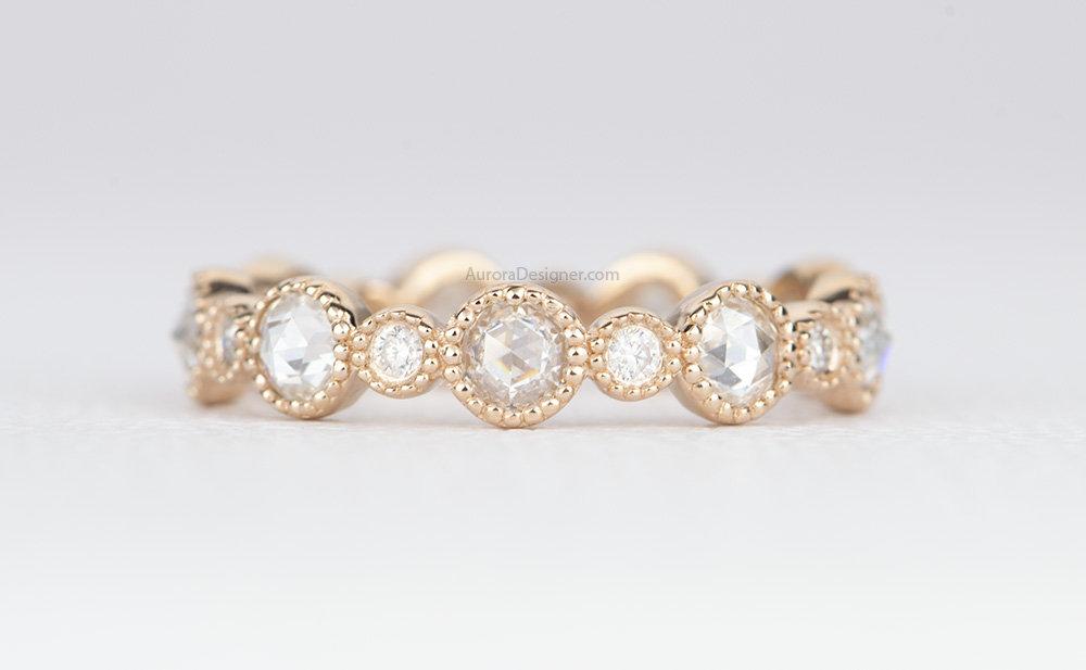 Rosecut and Brilliant Cut Moissanite Ring 14k Gold Full Half Eternity Wedding Band AD1780
