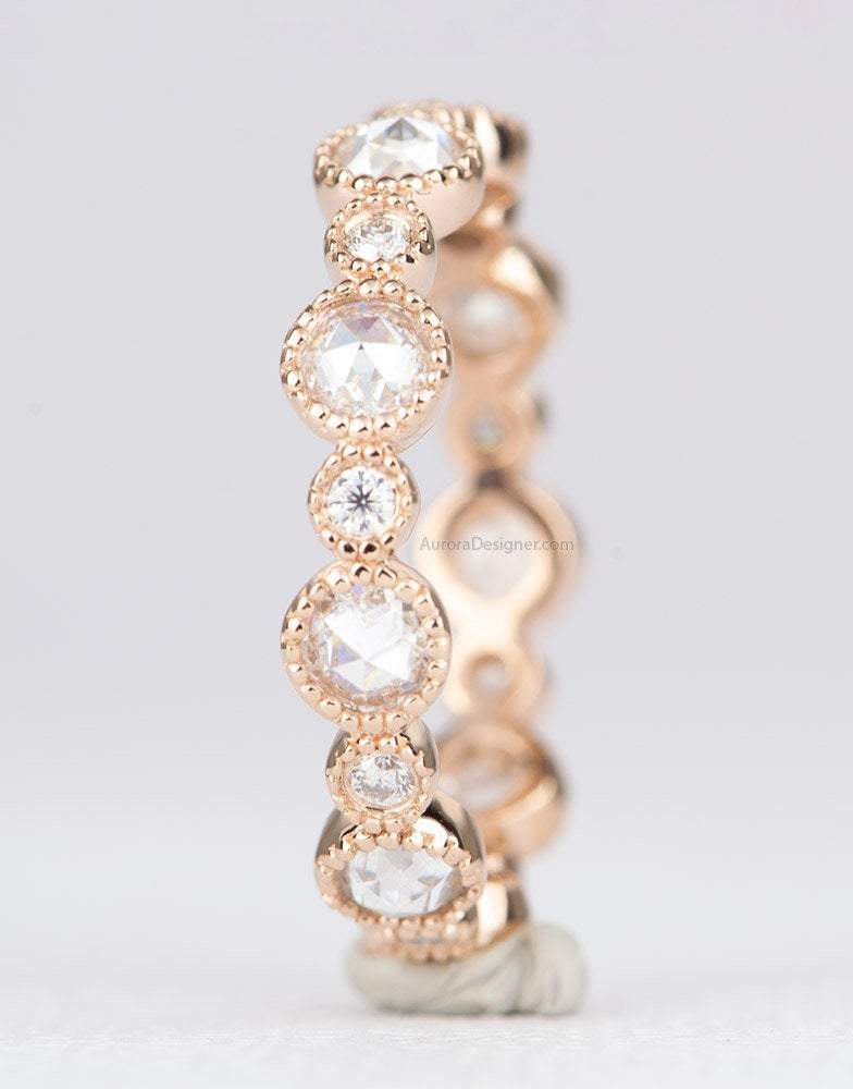 Rosecut and Brilliant Cut Moissanite Ring 14k Gold Full Half Eternity Wedding Band AD1780