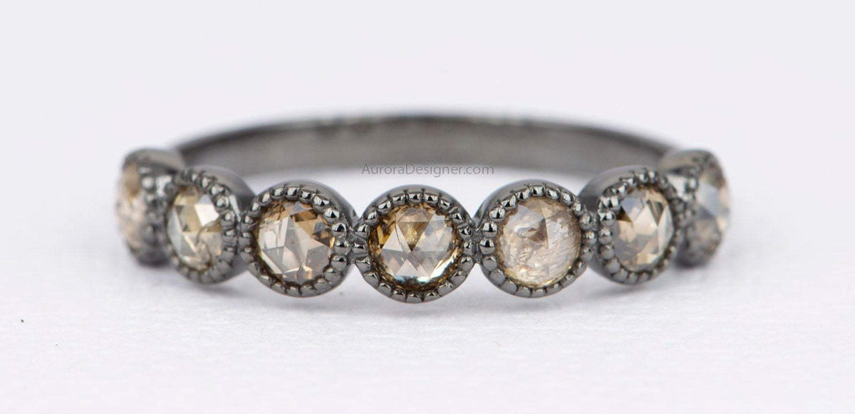 Rosecut Champagne Diamond 14k Gold Full Half Eternity Wedding Band Brown Milgrain Bezel Set AD1599B