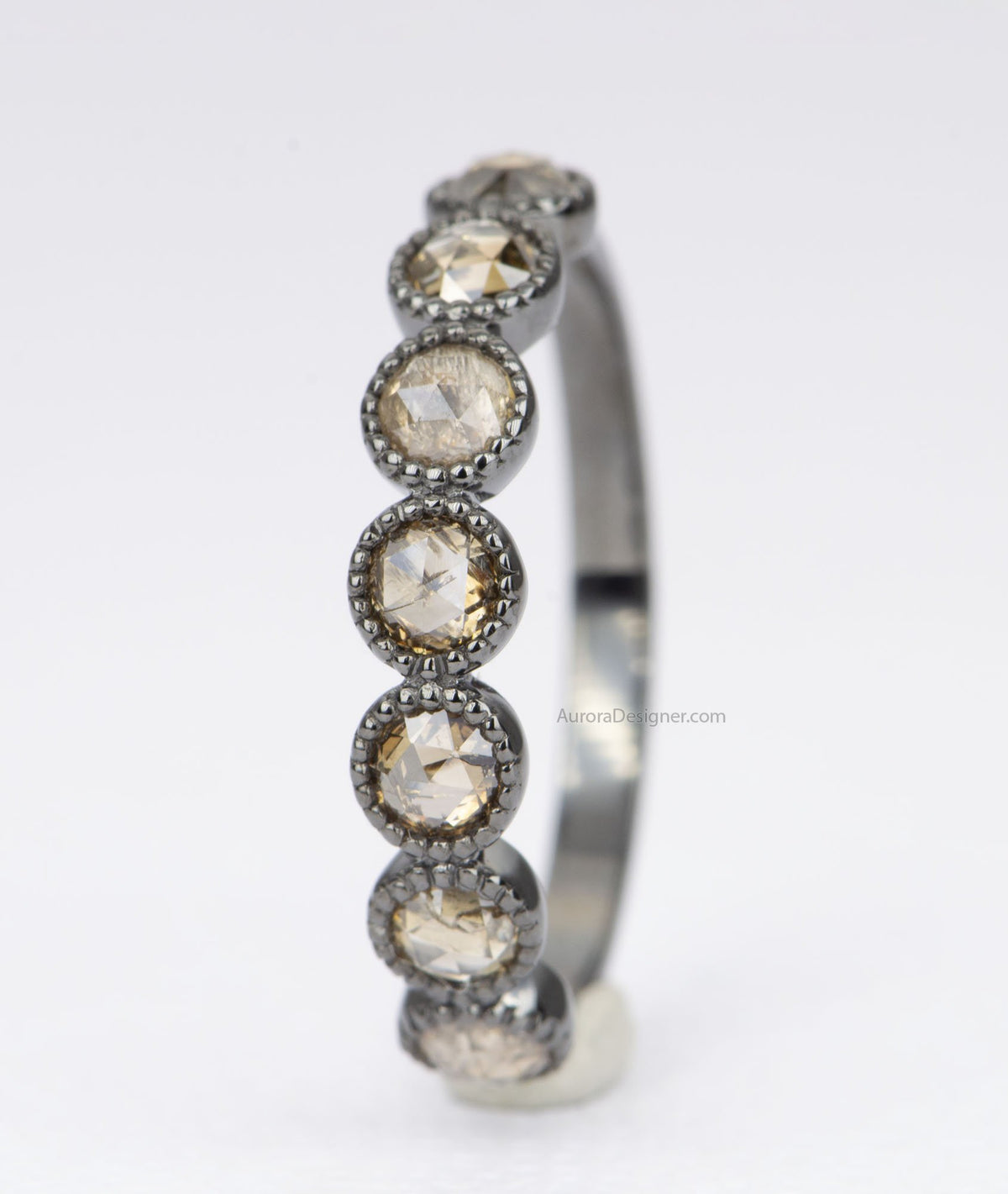 Rosecut Champagne Diamond 14k Gold Full Half Eternity Wedding Band Brown Milgrain Bezel Set AD1599B