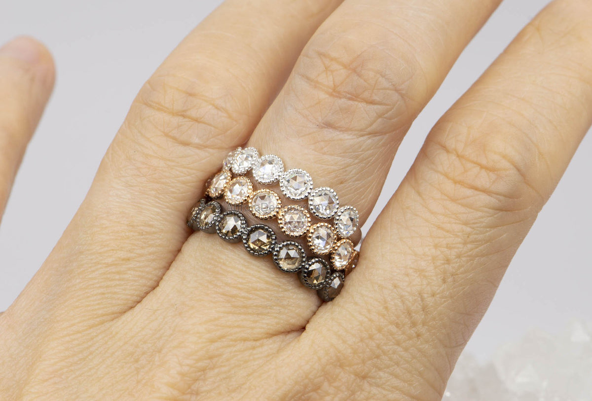 Rosecut Champagne Diamond 14k Gold Full Half Eternity Wedding Band Brown Milgrain Bezel Set AD1599B