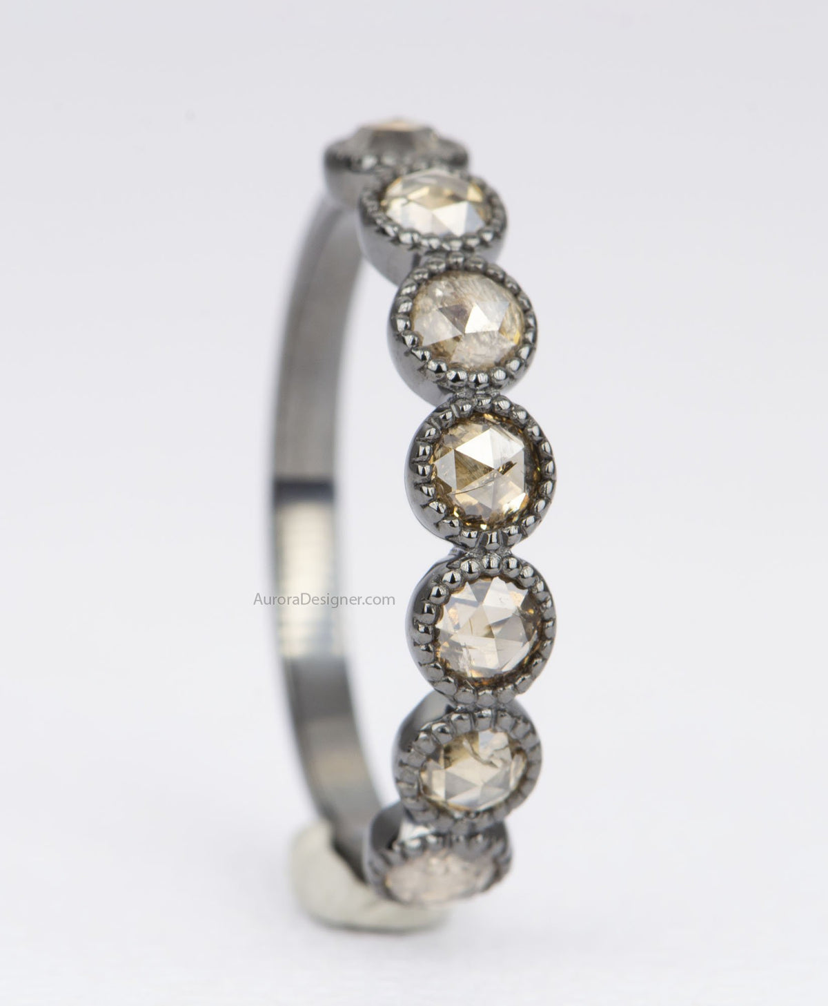 Rosecut Champagne Diamond 14k Gold Full Half Eternity Wedding Band Brown Milgrain Bezel Set AD1599B